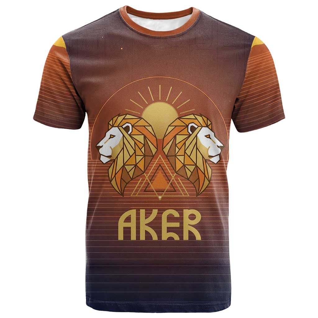Aker T-Shirt Ancient Egyptian Sunset Gradient, Twin Lion Guardians, and Solar Disc Graphic Tee