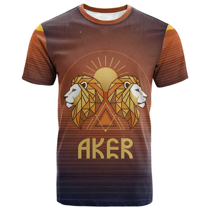 Aker T-Shirt Ancient Egyptian Sunset Gradient, Twin Lion Guardians, and Solar Disc Graphic Tee