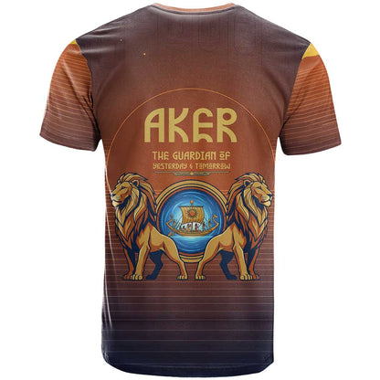 Aker T-Shirt Ancient Egyptian Sunset Gradient, Twin Lion Guardians, and Solar Disc Graphic Tee