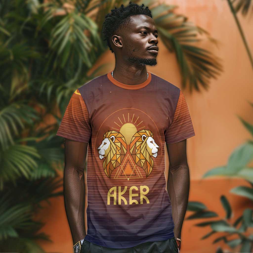 Aker T-Shirt Ancient Egyptian Sunset Gradient, Twin Lion Guardians, and Solar Disc Graphic Tee