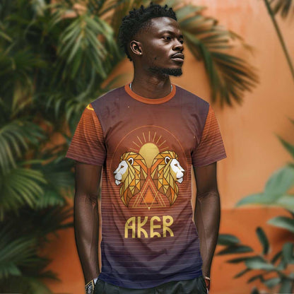 Aker T-Shirt Ancient Egyptian Sunset Gradient, Twin Lion Guardians, and Solar Disc Graphic Tee