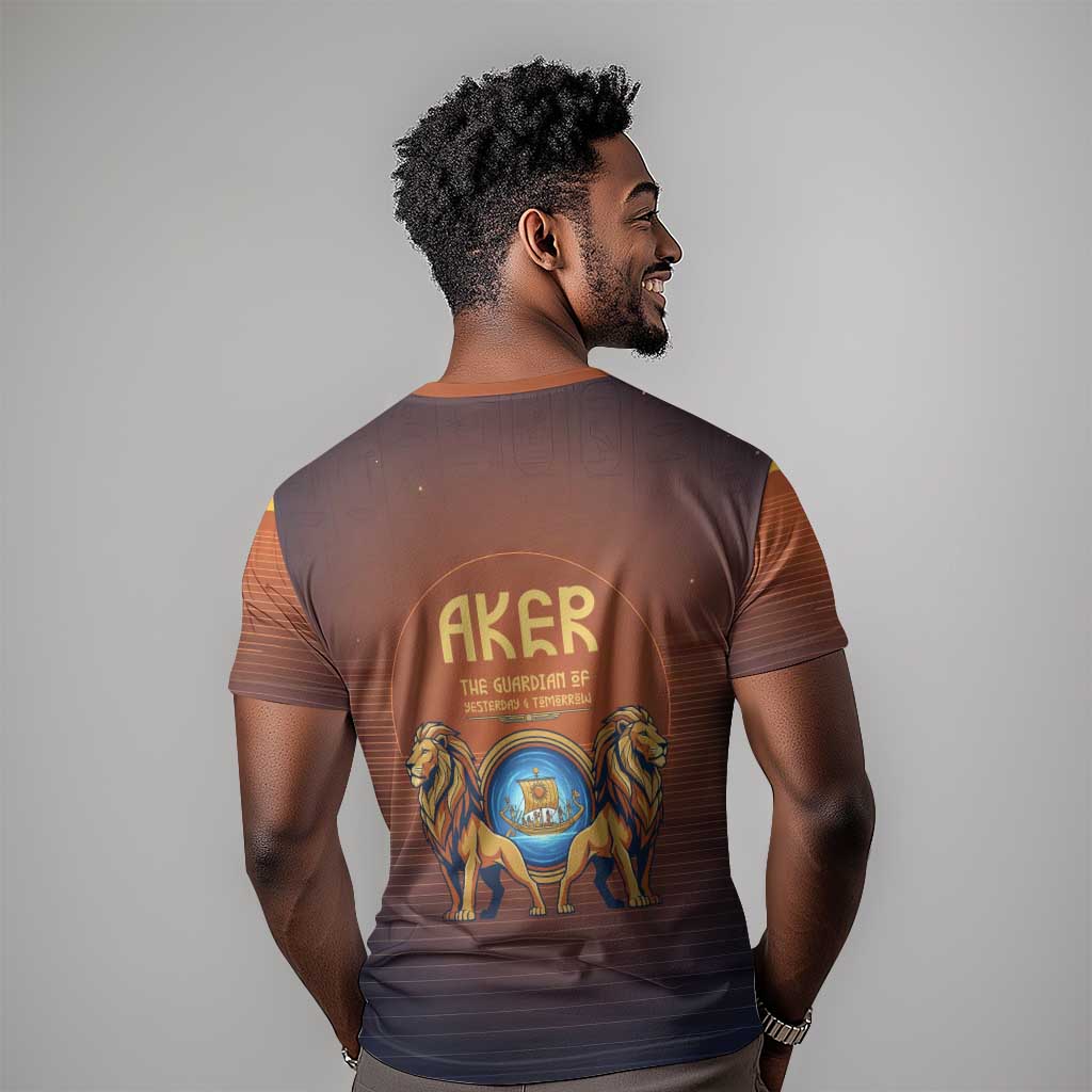 Aker T-Shirt Ancient Egyptian Sunset Gradient, Twin Lion Guardians, and Solar Disc Graphic Tee