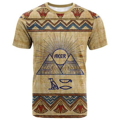 Aker Ancient Egyptian T-Shirt with Hieroglyphic Pattern, Pyramid Symbol, and Twin Lion Guardians Motif Graphic Tee