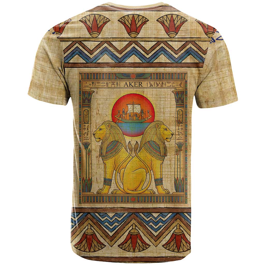 Aker Ancient Egyptian T-Shirt with Hieroglyphic Pattern, Pyramid Symbol, and Twin Lion Guardians Motif Graphic Tee