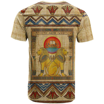 Aker Ancient Egyptian T-Shirt with Hieroglyphic Pattern, Pyramid Symbol, and Twin Lion Guardians Motif Graphic Tee