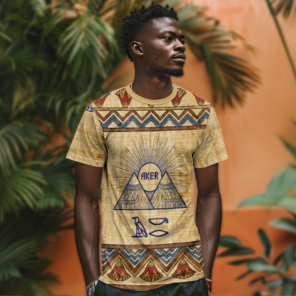 Aker Ancient Egyptian T-Shirt with Hieroglyphic Pattern, Pyramid Symbol, and Twin Lion Guardians Motif Graphic Tee
