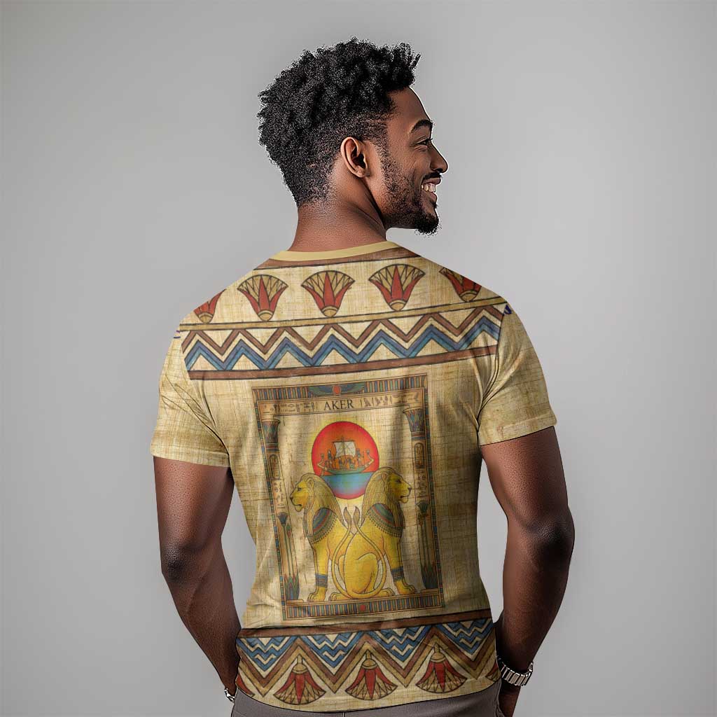 Aker Ancient Egyptian T-Shirt with Hieroglyphic Pattern, Pyramid Symbol, and Twin Lion Guardians Motif Graphic Tee