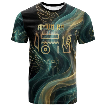 Amun Ancient Egyptian T-Shirt with Mystical Smoke Swirl Pattern, Fiery Ram Head, and Hieroglyphic Graphic Tee