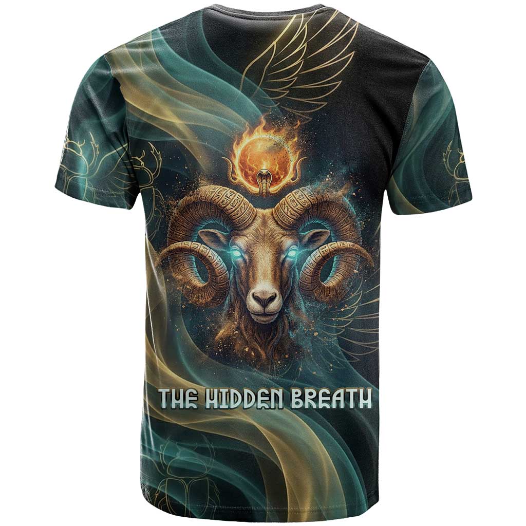 Amun Ancient Egyptian T-Shirt with Mystical Smoke Swirl Pattern, Fiery Ram Head, and Hieroglyphic Graphic Tee