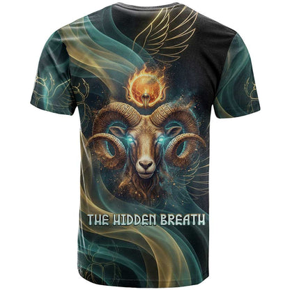 Amun Ancient Egyptian T-Shirt with Mystical Smoke Swirl Pattern, Fiery Ram Head, and Hieroglyphic Graphic Tee