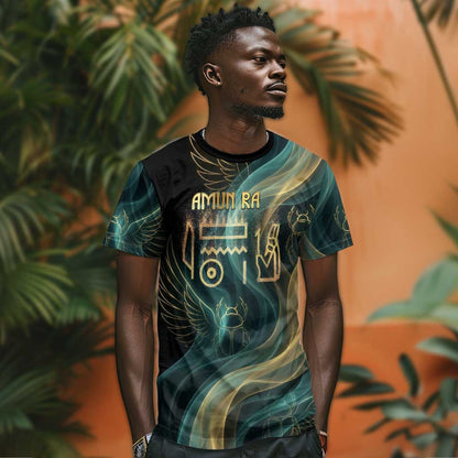 Amun Ancient Egyptian T-Shirt with Mystical Smoke Swirl Pattern, Fiery Ram Head, and Hieroglyphic Graphic Tee