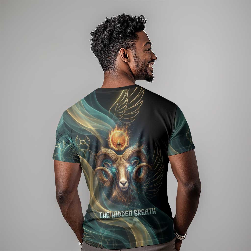 Amun Ancient Egyptian T-Shirt with Mystical Smoke Swirl Pattern, Fiery Ram Head, and Hieroglyphic Graphic Tee
