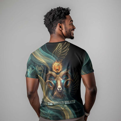 Amun Ancient Egyptian T-Shirt with Mystical Smoke Swirl Pattern, Fiery Ram Head, and Hieroglyphic Graphic Tee