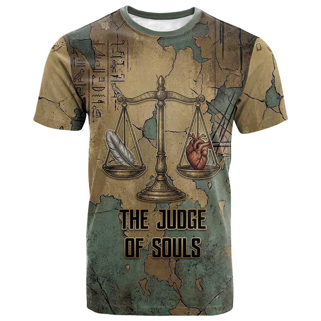 Anubis T-Shirt Ancient Egyptian Aged Papyrus, Scales of Justice, and Egyptian Hieroglyph Graphic Tee