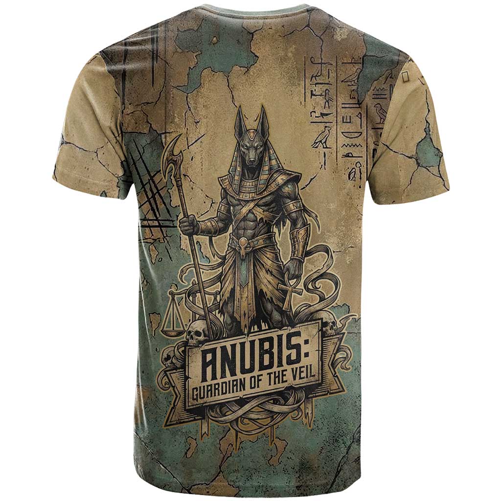 Anubis T-Shirt Ancient Egyptian Aged Papyrus, Scales of Justice, and Egyptian Hieroglyph Graphic Tee