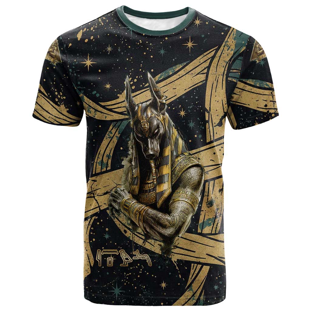 Anubis Ancient Egyptian T-Shirt with Starry Mummy Wrap Pattern, Anubis Warrior Illustration, and Pyramid Graphic Tee