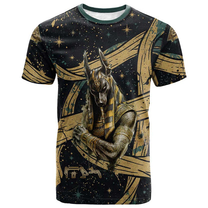 Anubis Ancient Egyptian T-Shirt with Starry Mummy Wrap Pattern, Anubis Warrior Illustration, and Pyramid Graphic Tee