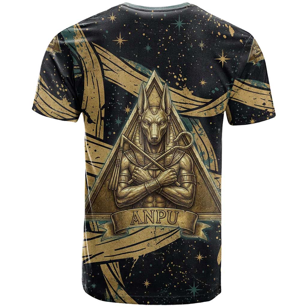 Anubis Ancient Egyptian T-Shirt with Starry Mummy Wrap Pattern, Anubis Warrior Illustration, and Pyramid Graphic Tee