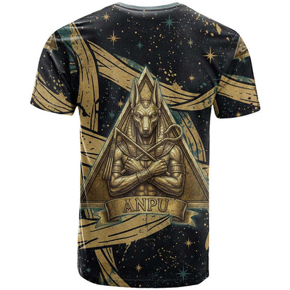 Anubis Ancient Egyptian T-Shirt with Starry Mummy Wrap Pattern, Anubis Warrior Illustration, and Pyramid Graphic Tee