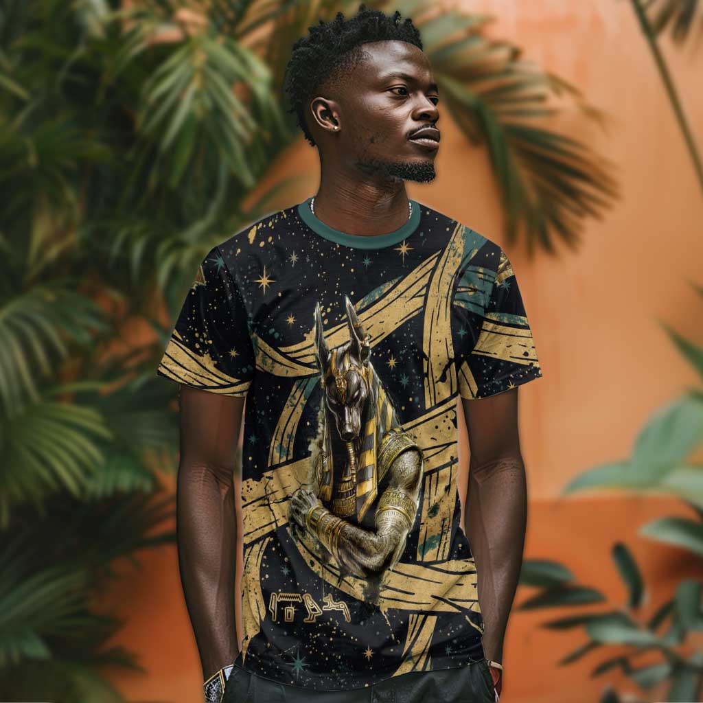 Anubis Ancient Egyptian T-Shirt with Starry Mummy Wrap Pattern, Anubis Warrior Illustration, and Pyramid Graphic Tee