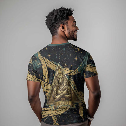 Anubis Ancient Egyptian T-Shirt with Starry Mummy Wrap Pattern, Anubis Warrior Illustration, and Pyramid Graphic Tee