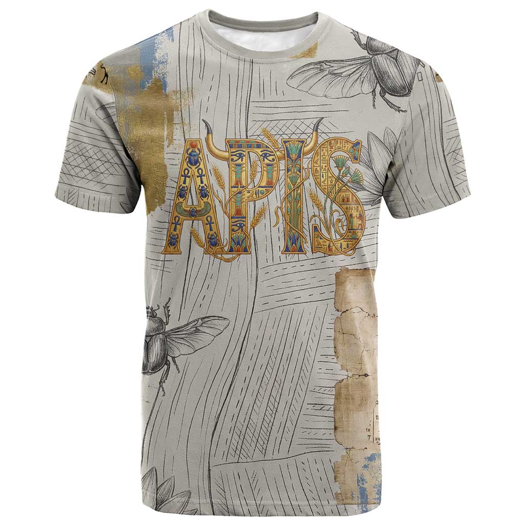 Apis Ancient Egyptian T-Shirt with Beige-Gray Hieroglyphic, Ornate Bull Head, and Gold-Blue Typography Graphic Tee