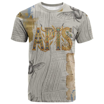Apis Ancient Egyptian T-Shirt with Beige-Gray Hieroglyphic, Ornate Bull Head, and Gold-Blue Typography Graphic Tee