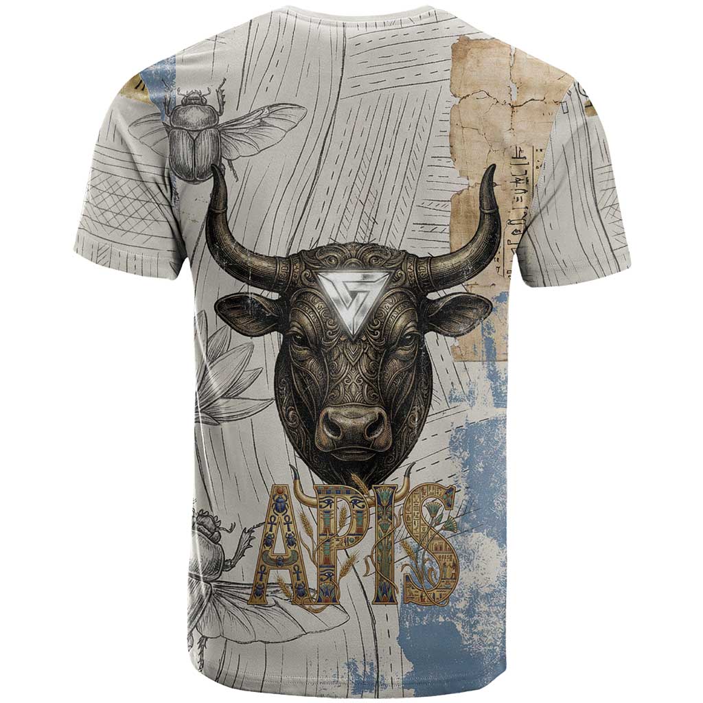 Apis Ancient Egyptian T-Shirt with Beige-Gray Hieroglyphic, Ornate Bull Head, and Gold-Blue Typography Graphic Tee