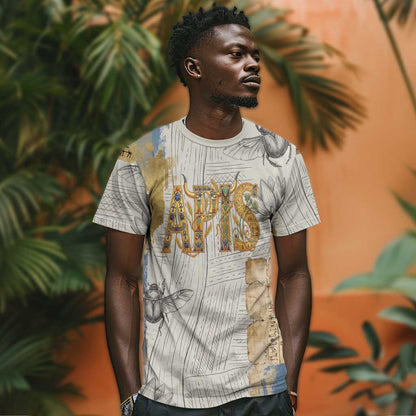 Apis Ancient Egyptian T-Shirt with Beige-Gray Hieroglyphic, Ornate Bull Head, and Gold-Blue Typography Graphic Tee