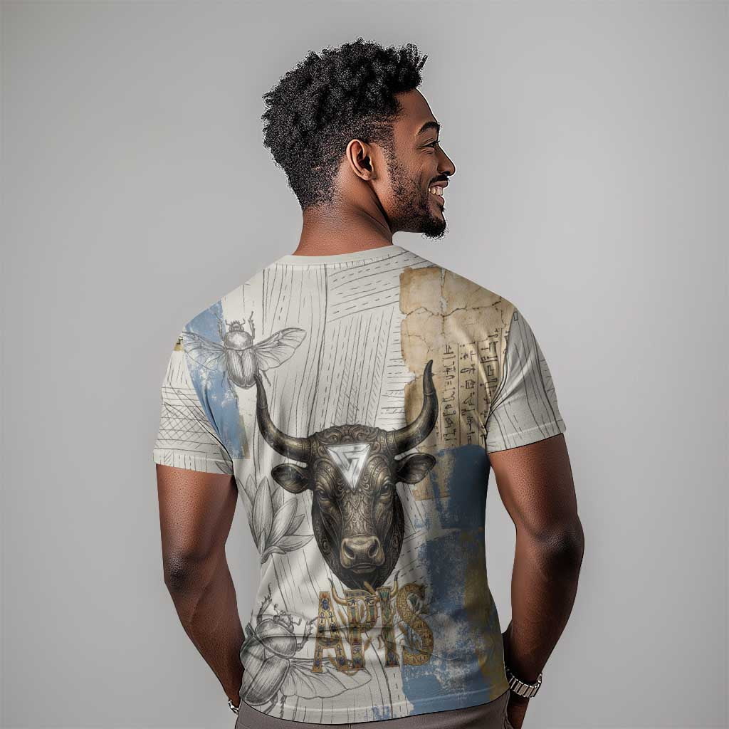 Apis Ancient Egyptian T-Shirt with Beige-Gray Hieroglyphic, Ornate Bull Head, and Gold-Blue Typography Graphic Tee