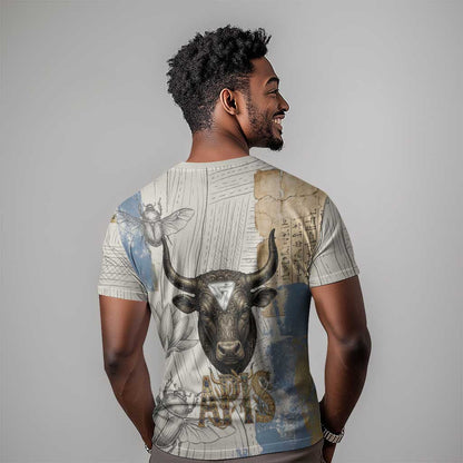 Apis Ancient Egyptian T-Shirt with Beige-Gray Hieroglyphic, Ornate Bull Head, and Gold-Blue Typography Graphic Tee