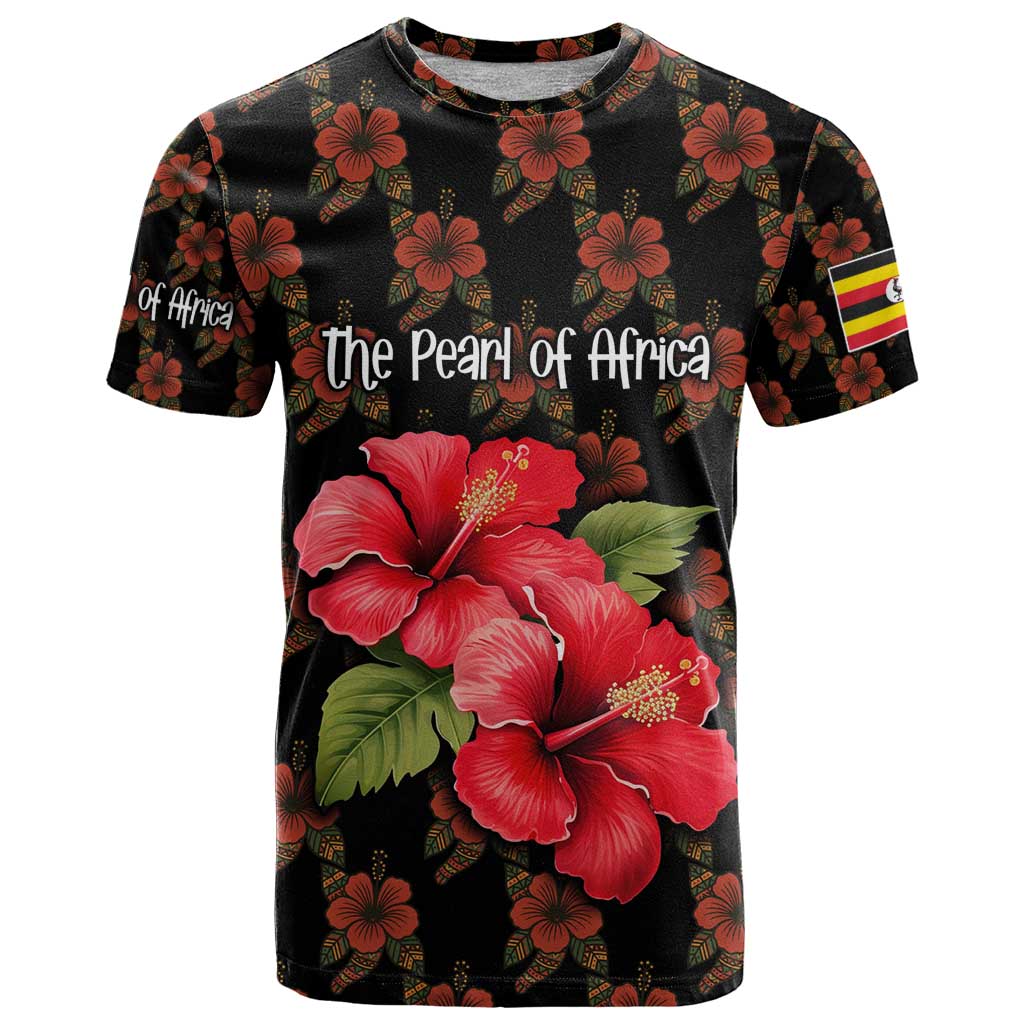 Uganda T-Shirt with Hibiscus Flower Pattern and The Pearl of Africa Text Graphic Tee