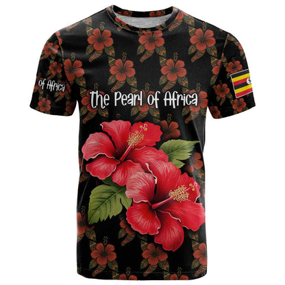 Uganda T-Shirt with Hibiscus Flower Pattern and The Pearl of Africa Text Graphic Tee