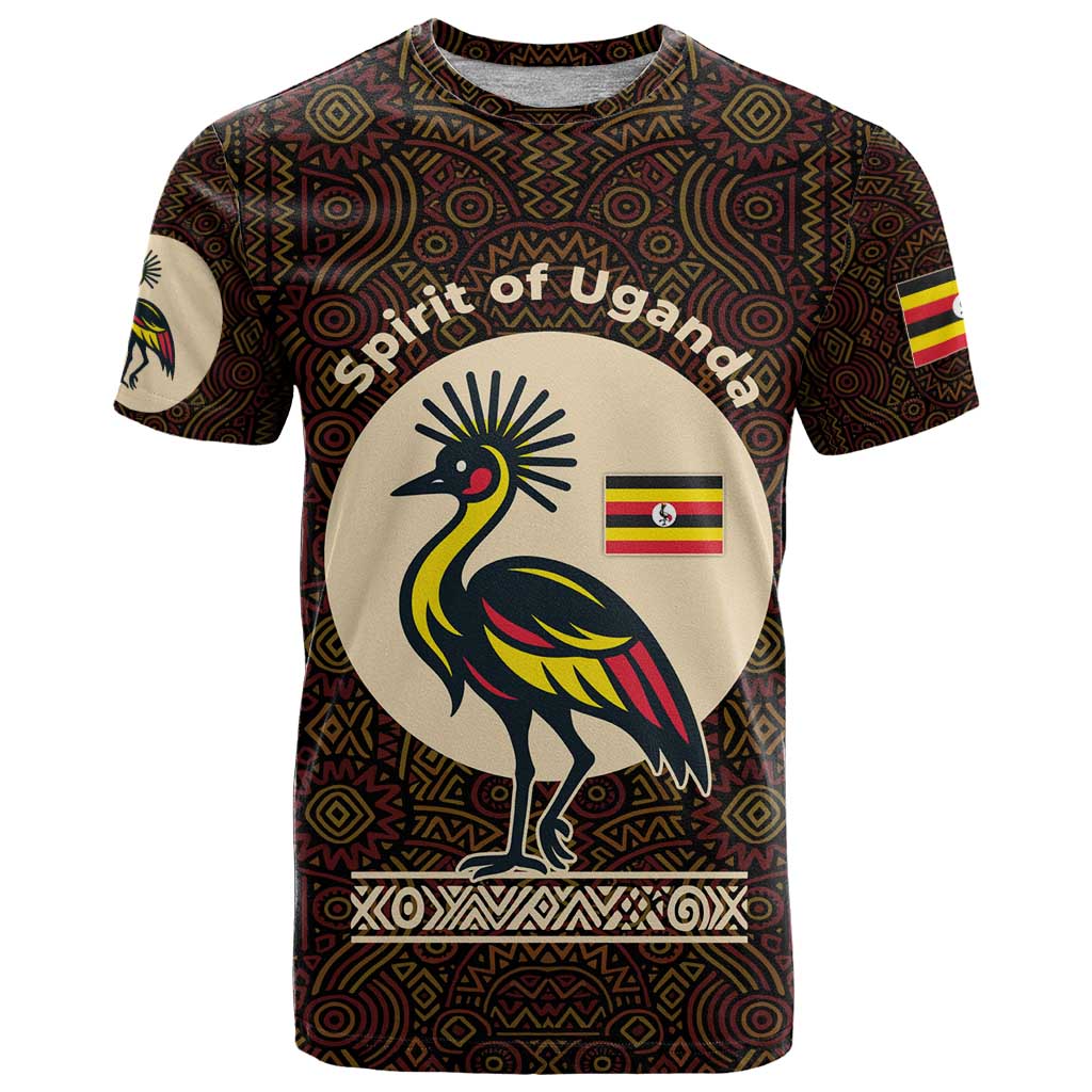 Uganda T-Shirt with Grey Crowned Crane and Tribal Pattern Spirit of Uganda Theme Graphic Tee