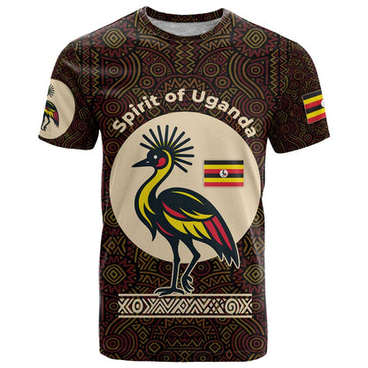 Uganda T-Shirt with Grey Crowned Crane and Tribal Pattern Spirit of Uganda Theme Graphic Tee