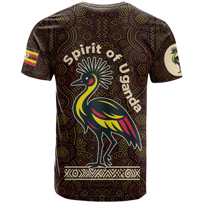 Uganda T-Shirt with Grey Crowned Crane and Tribal Pattern Spirit of Uganda Theme Graphic Tee