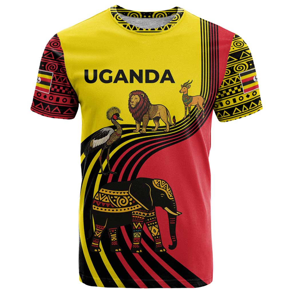 Uganda T-Shirt with African Wildlife Elephant Lion and Crane in Tribal Pattern Design Graphic Tee