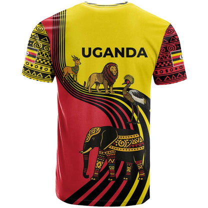 Uganda T-Shirt with African Wildlife Elephant Lion and Crane in Tribal Pattern Design Graphic Tee