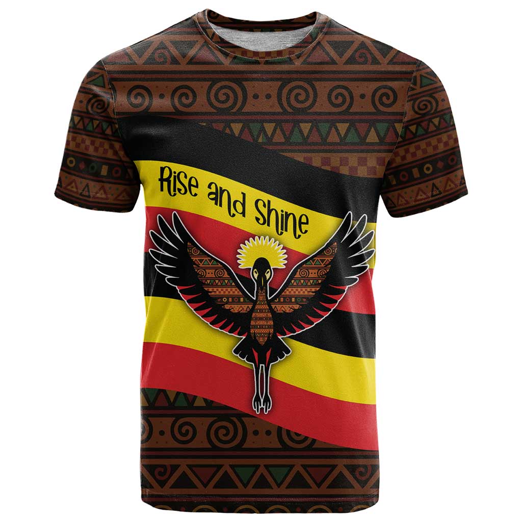Uganda T-Shirt with Crested Crane and Rise and Shine Tribal Pattern Design Graphic Tee