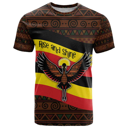 Uganda T-Shirt with Crested Crane and Rise and Shine Tribal Pattern Design Graphic Tee