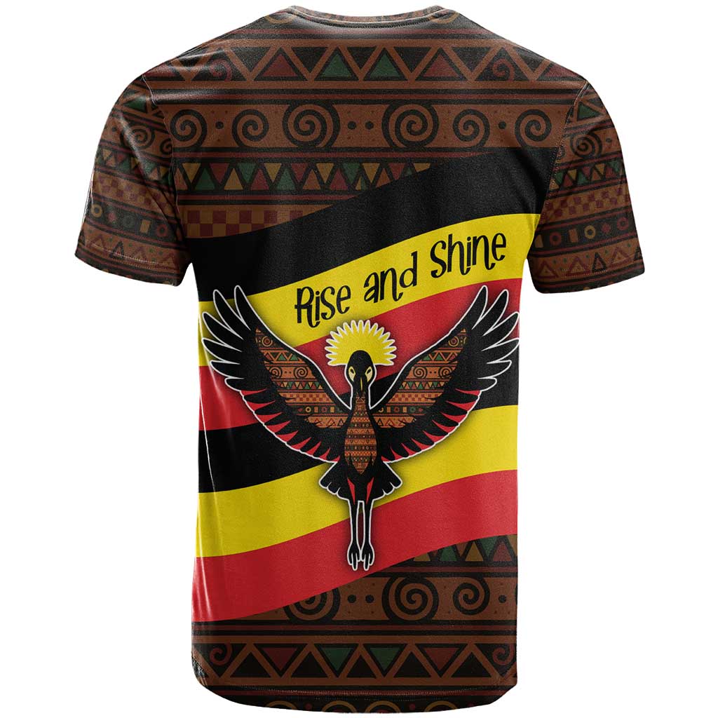 Uganda T-Shirt with Crested Crane and Rise and Shine Tribal Pattern Design Graphic Tee