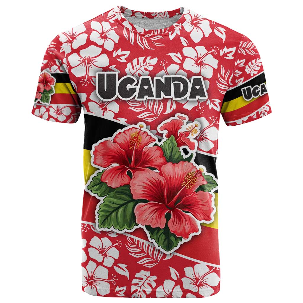 Uganda T-Shirt with Red Hibiscus Flowers and National Flag Design Graphic Tee