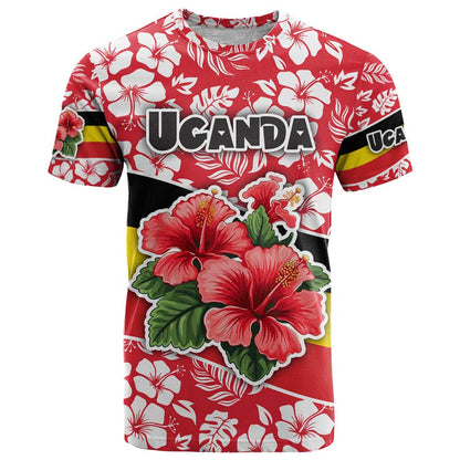Uganda T-Shirt with Red Hibiscus Flowers and National Flag Design Graphic Tee