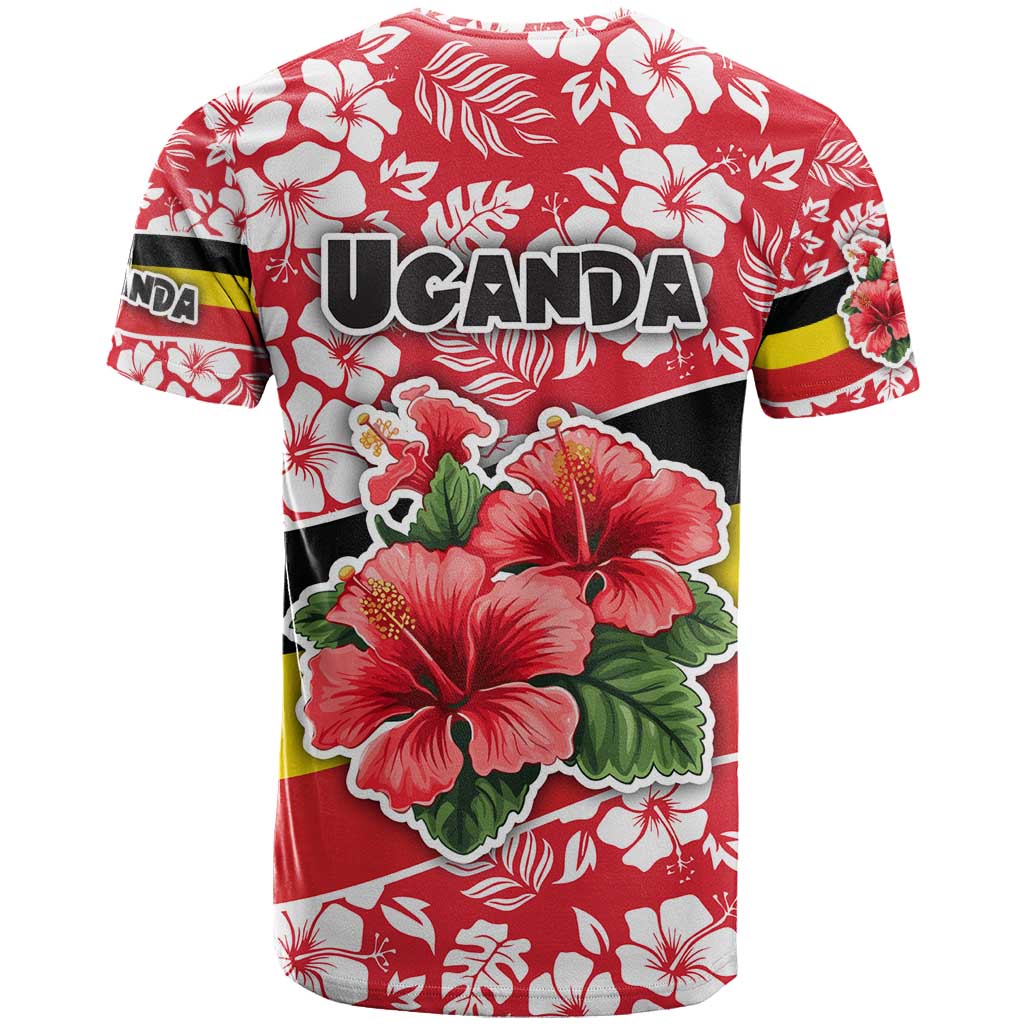 Uganda T-Shirt with Red Hibiscus Flowers and National Flag Design Graphic Tee