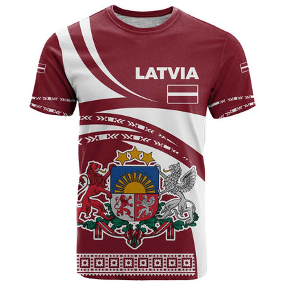 Latvia T-Shirt with National Coat of Arms and Traditional Folk Patterns Graphic Tee