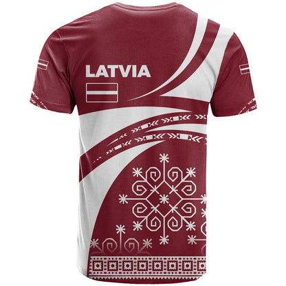Latvia T-Shirt with National Coat of Arms and Traditional Folk Patterns Graphic Tee