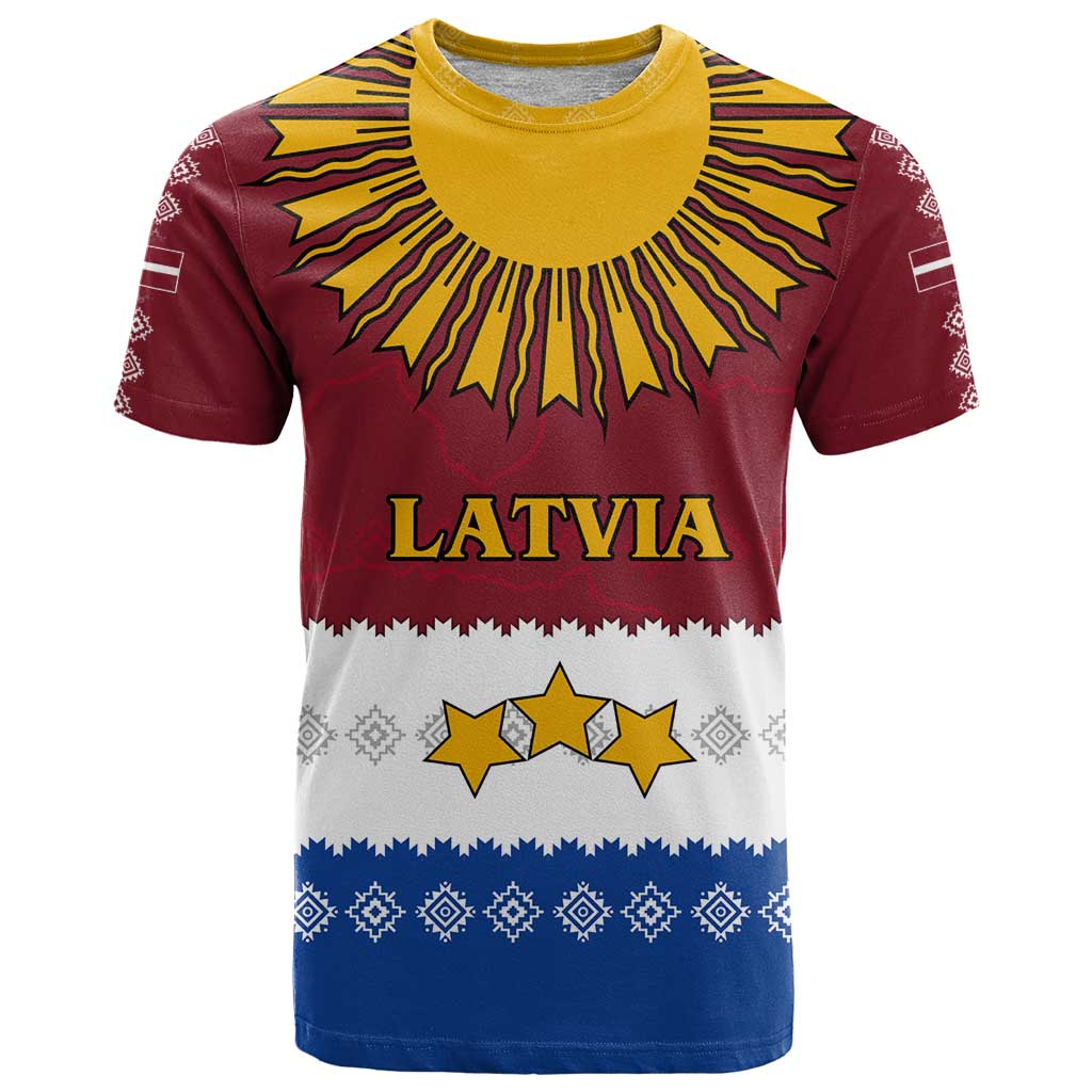 Latvia T-Shirt with Three Stars Design and Traditional Pattern Details Graphic Tee