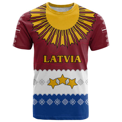 Latvia T-Shirt with Three Stars Design and Traditional Pattern Details Graphic Tee