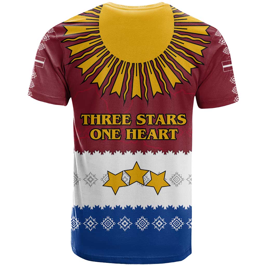Latvia T-Shirt with Three Stars Design and Traditional Pattern Details Graphic Tee