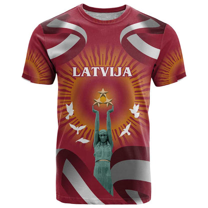 Latvia T-Shirt with Freedom Monument and Doves Graphic 18 November 1918 Design Graphic Tee